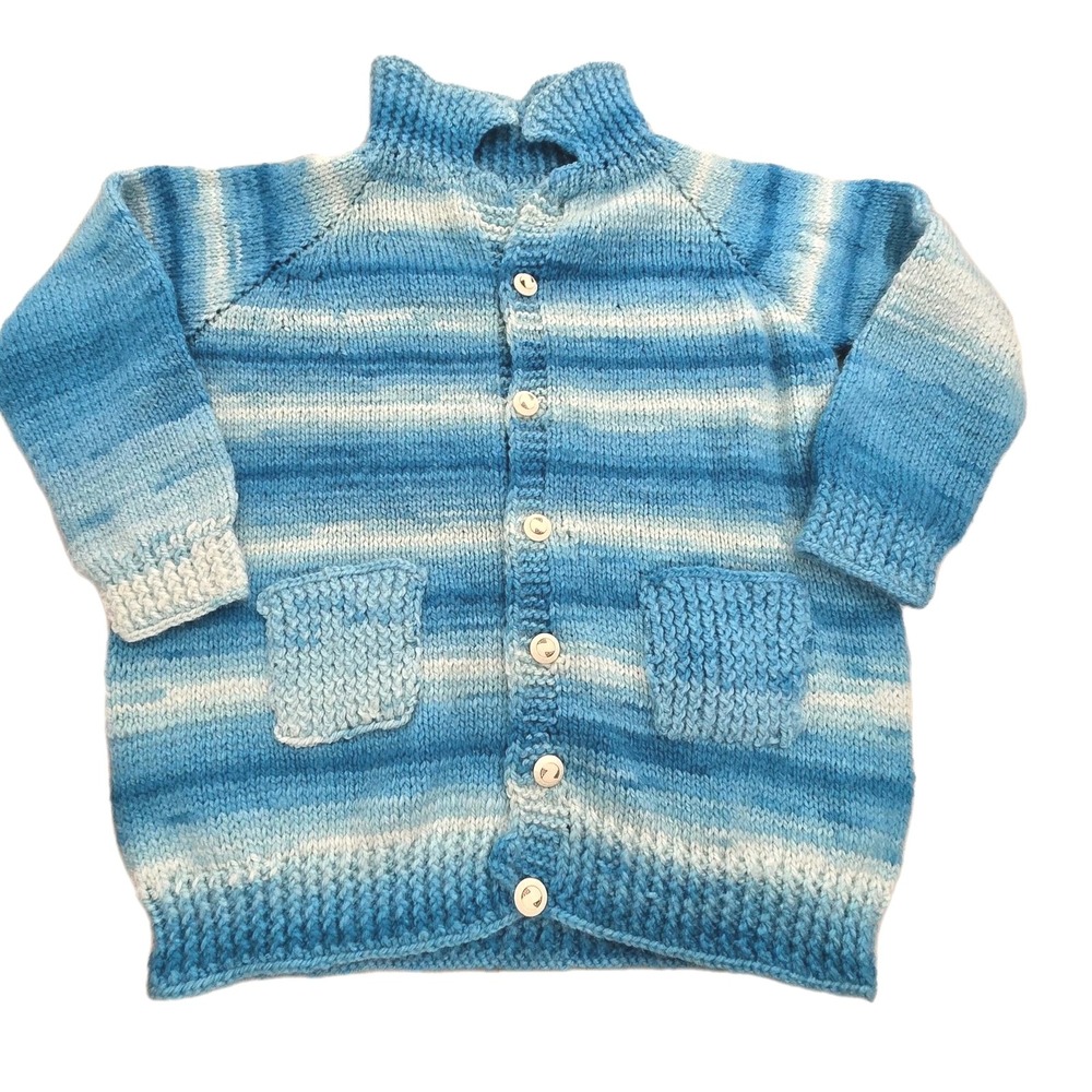 VTG Hand Knit‎ Cardigan Sweater Youth Small Blue Ombre Striped Raglan Button